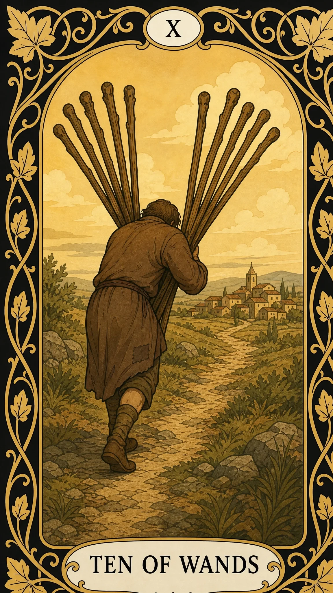 Dešimt Būgnų — taro korta, X Ten of Wands