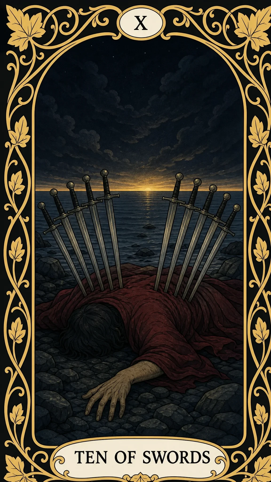 Deset mečů — tarotová karta, X Ten of Swords