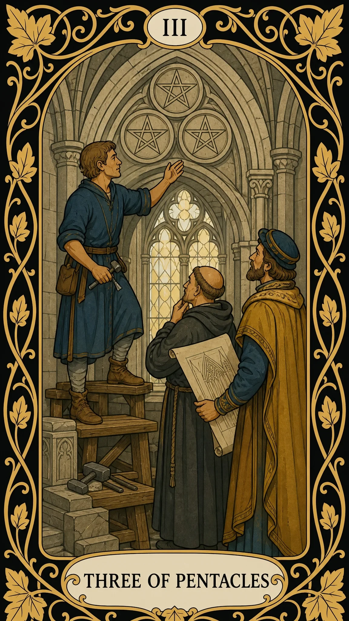 Tři pentakly — tarotová karta, III Three of Pentacles