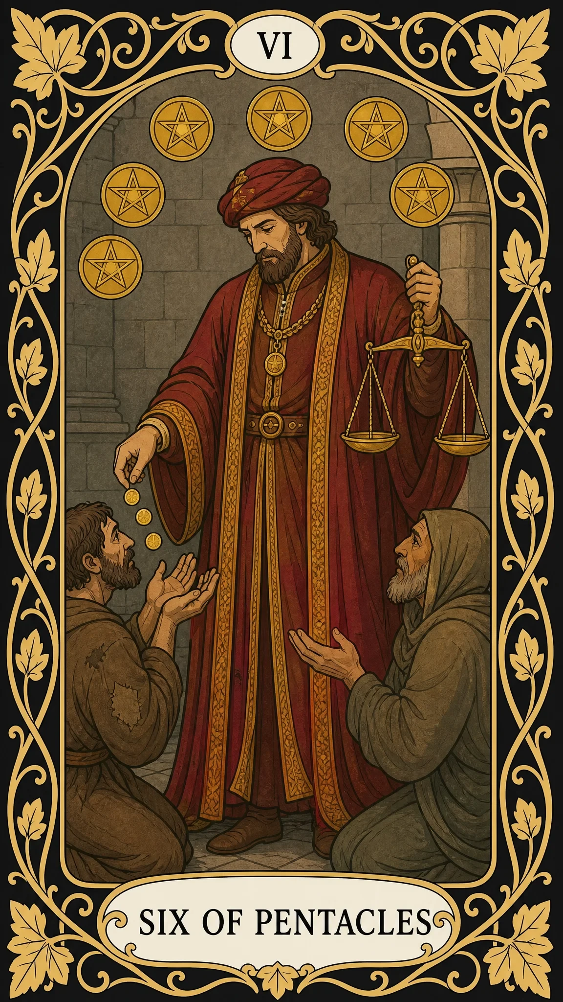 Šest pentaklů — tarotová karta, VI Six of Pentacles