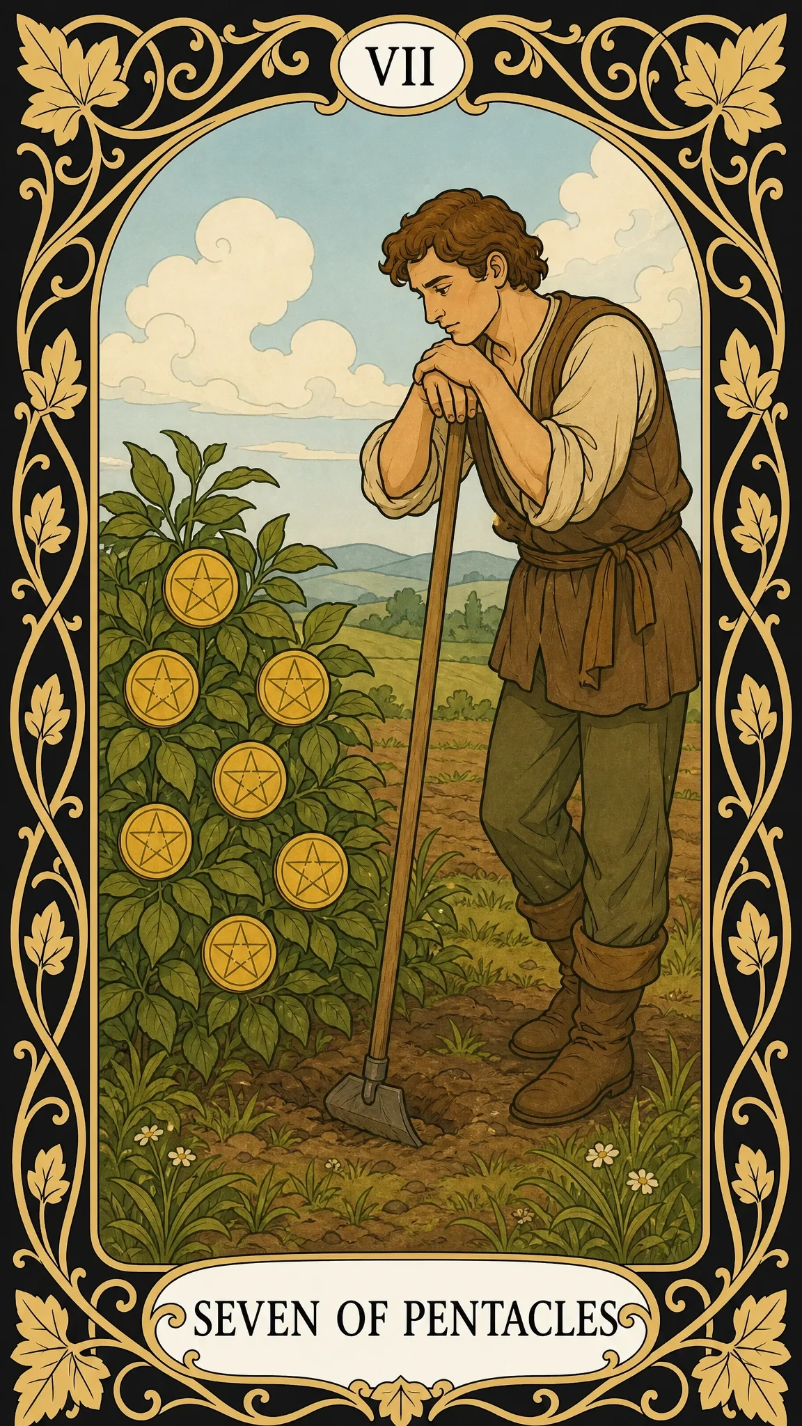 هفت سکه — کارت تاروت, VII Seven of Pentacles