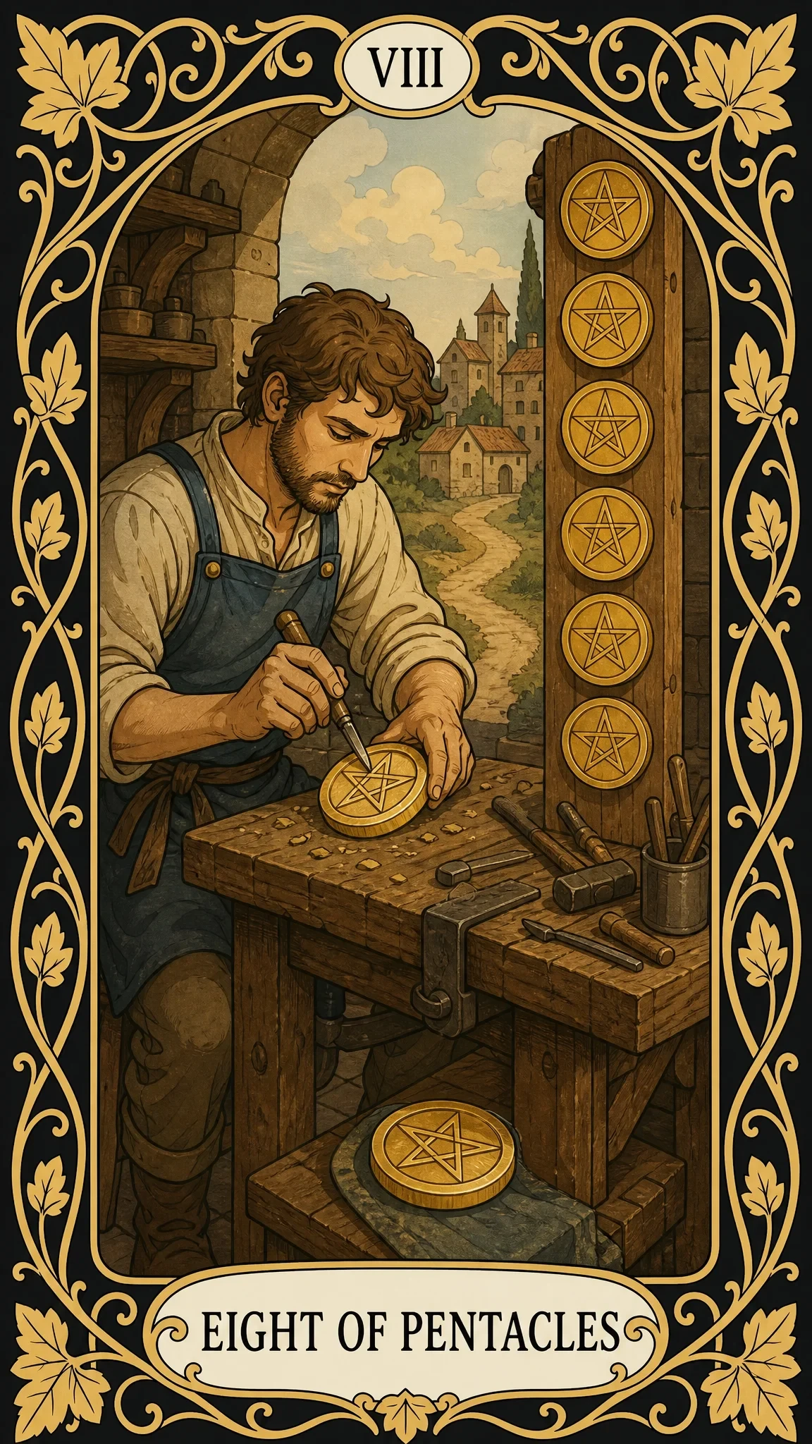 هشت سکه — کارت تاروت, VIII Eight of Pentacles