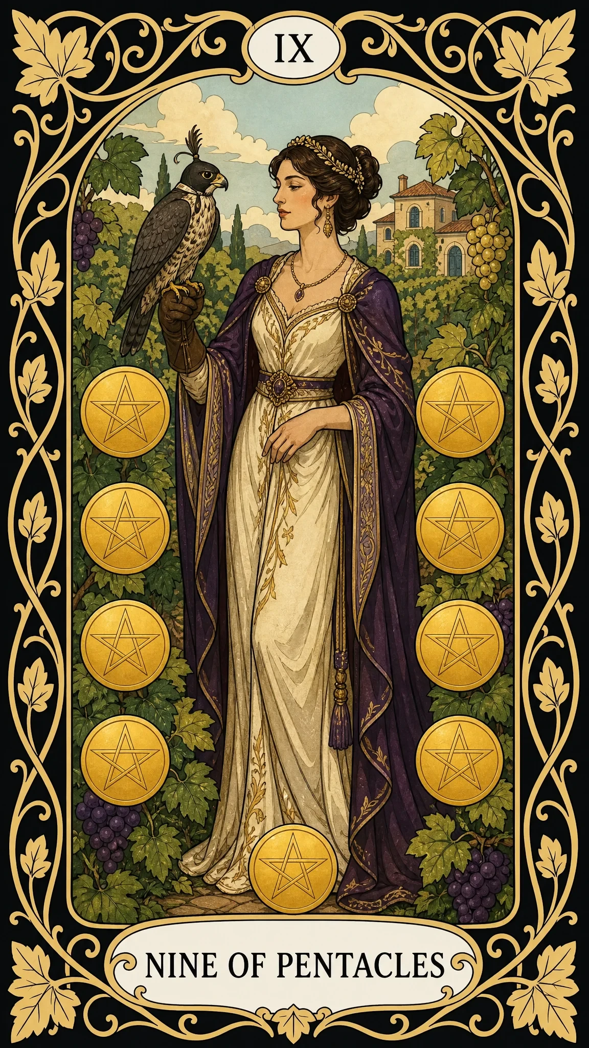 نه سکه — کارت تاروت, IX Nine of Pentacles
