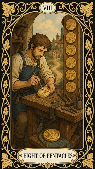 ثمانية عملات — بطاقة تاروت, VIII Eight of Pentacles