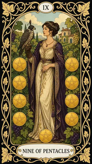 تسعة عملات — بطاقة تاروت, IX Nine of Pentacles